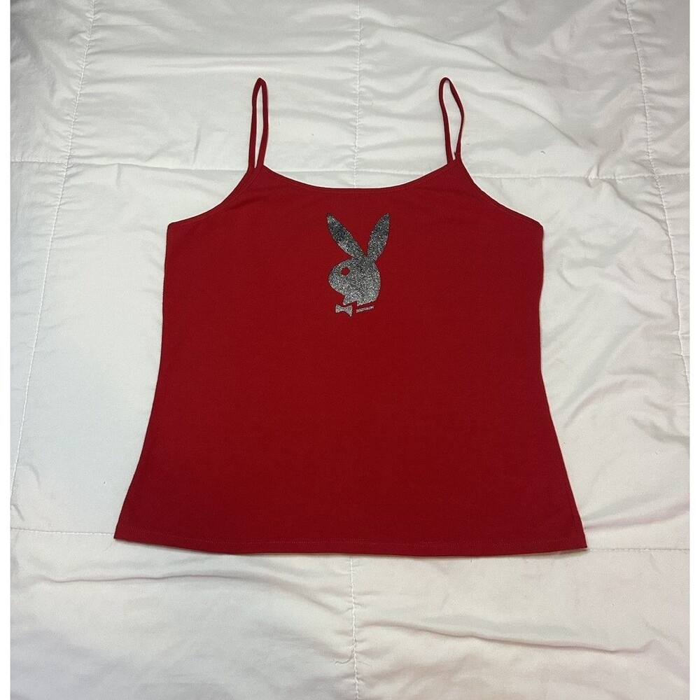VTG 90s/y2k Playboy Intimates red Tank Top Silver Glitter Bunny S/M Women’s Cami